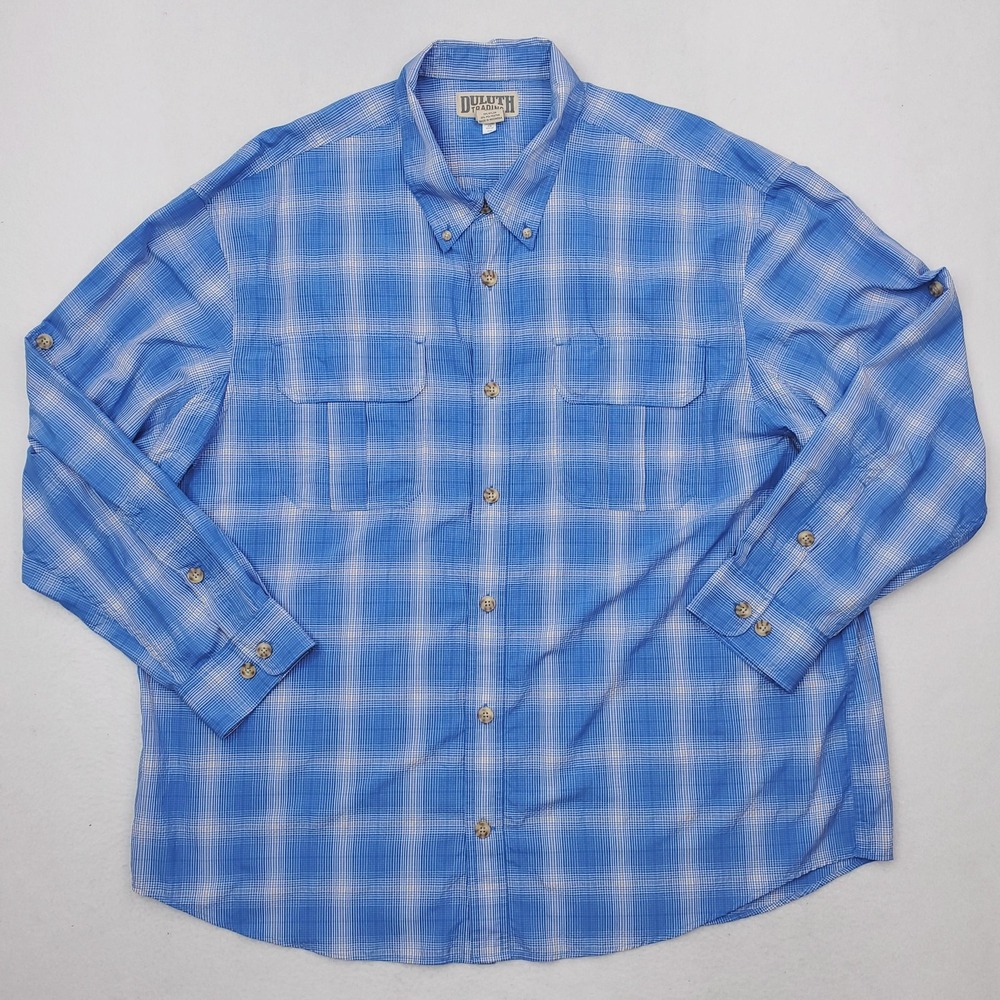 Duluth Trading Armachillo Cooling Shirt Men 2XL Blue Plaid Button Up Long Sleeve